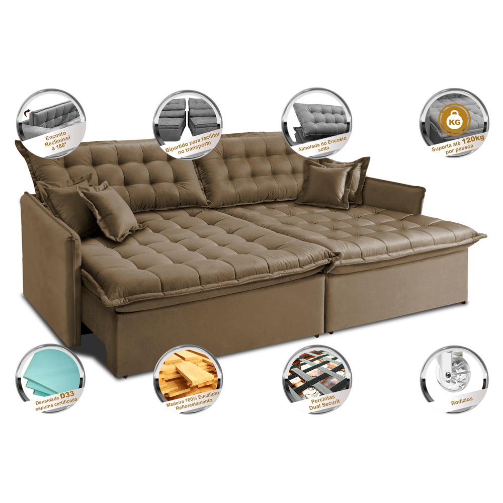 Sofá Sem Caixa Retrátil Reclinável 2,95m Cama inBox Versátil com Pillow Top e Molas Velusoft Castor