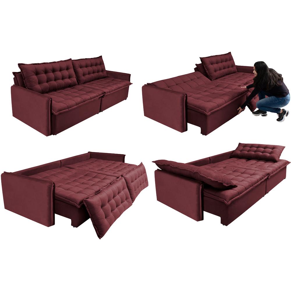 Sofá Sem Caixa Retrátil Reclinável 2,95m Cama inBox Versátil com Pillow Top e Molas Velusoft Vinho