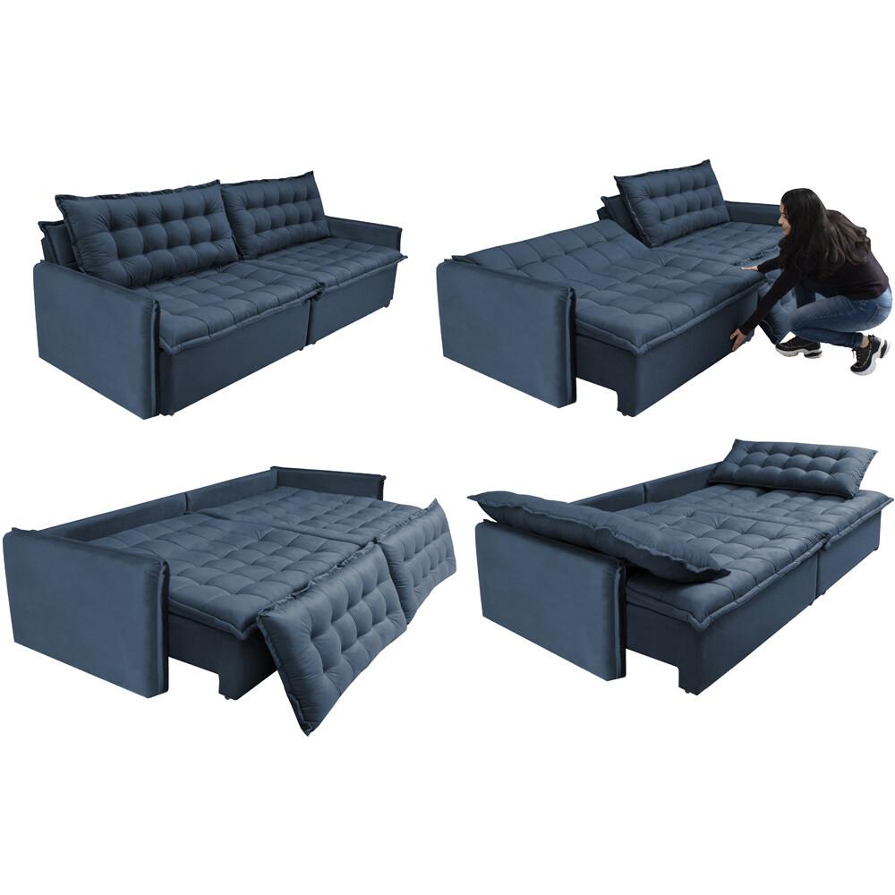 Sofá Sem Caixa Retrátil e Reclinável 1,55m Cama inBox Versátil Suede Velusoft Azul