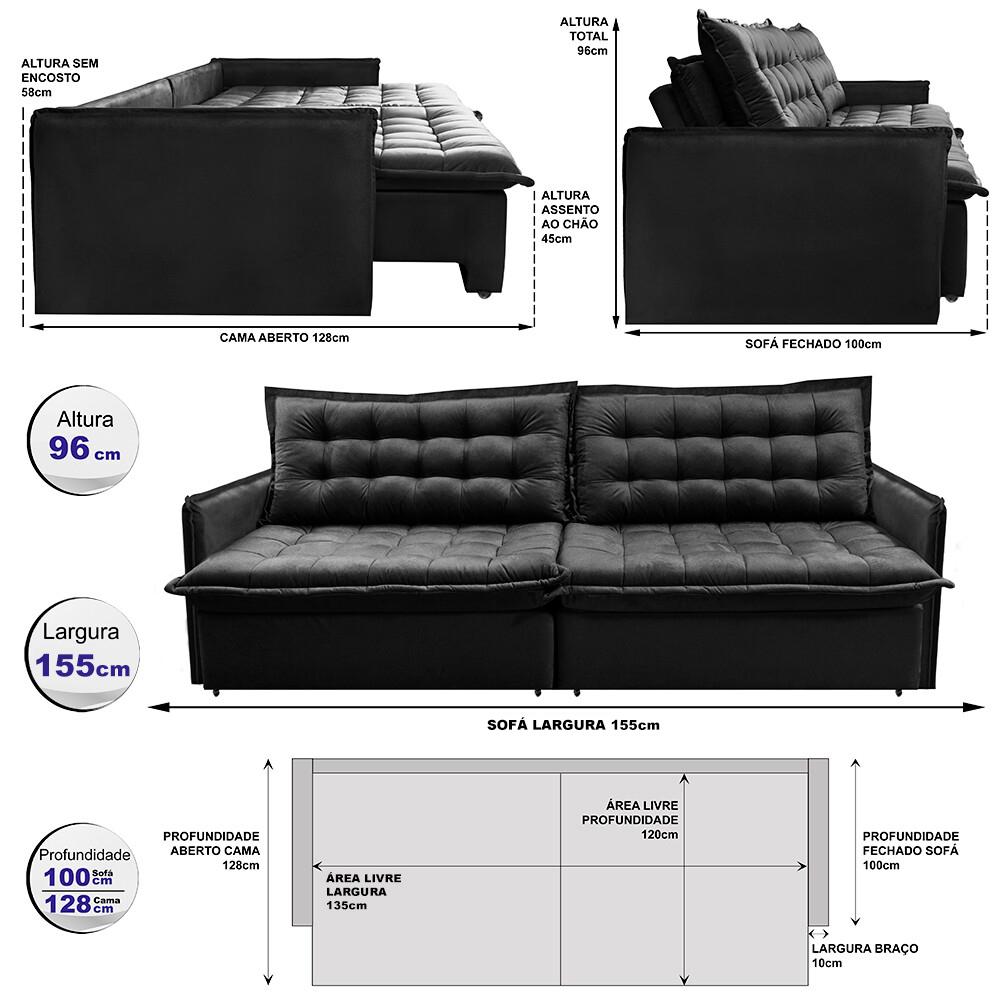 Sofá Sem Caixa Retrátil e Reclinável 1,55m Cama inBox Versátil Suede Velusoft Preto