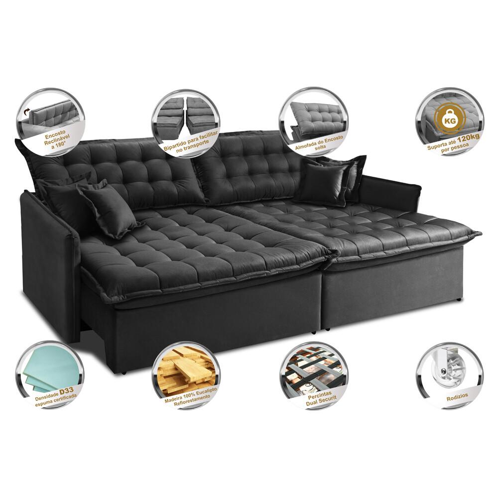 Sofá Sem Caixa Retrátil e Reclinável 1,55m Cama inBox Versátil Suede Velusoft Preto