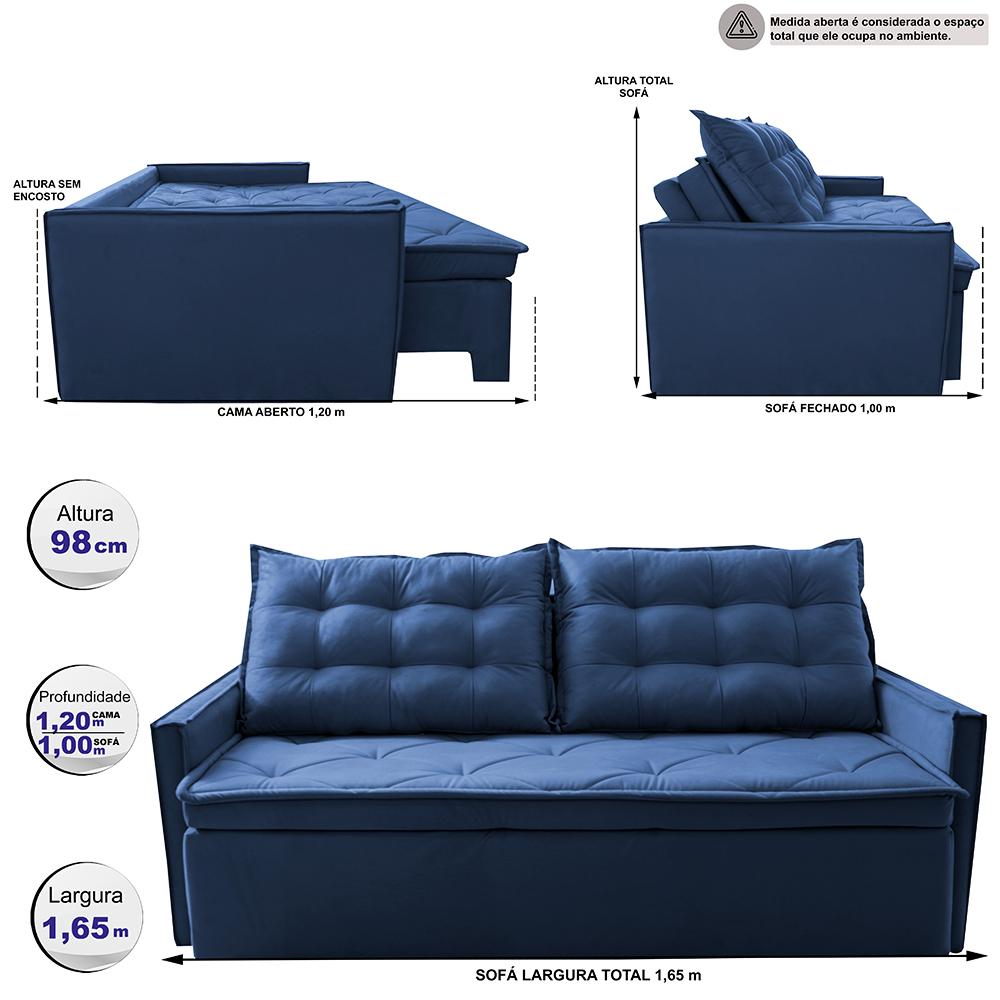 Sofá Sem Caixa Retrátil e Reclinável 1,65m Cama inBox Studio Suede Velusoft Azul