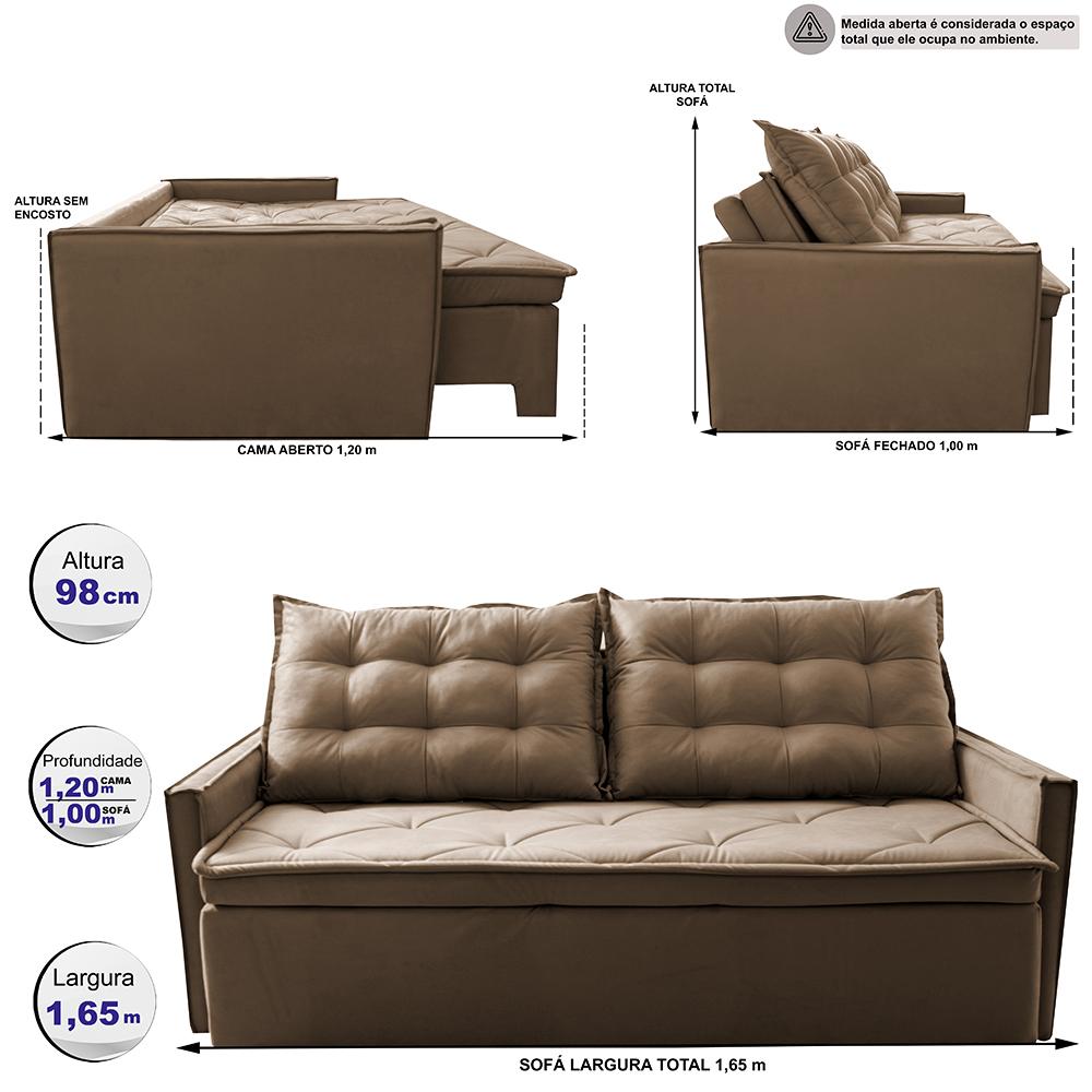 Sofá Sem Caixa Retrátil e Reclinável 1,65m Cama inBox Studio Suede Velusoft Castor