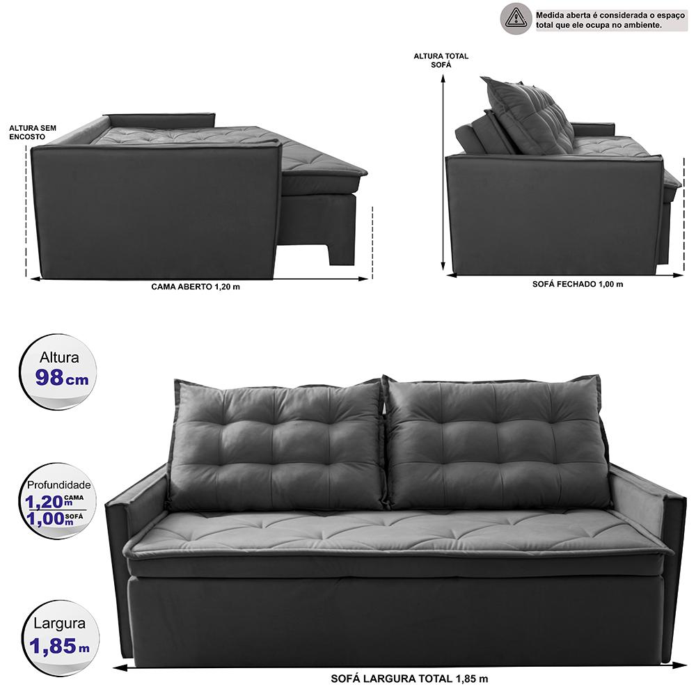 Sofá Sem Caixa Retrátil e Reclinável 1,65m Cama inBox Studio Suede Velusoft Cinza