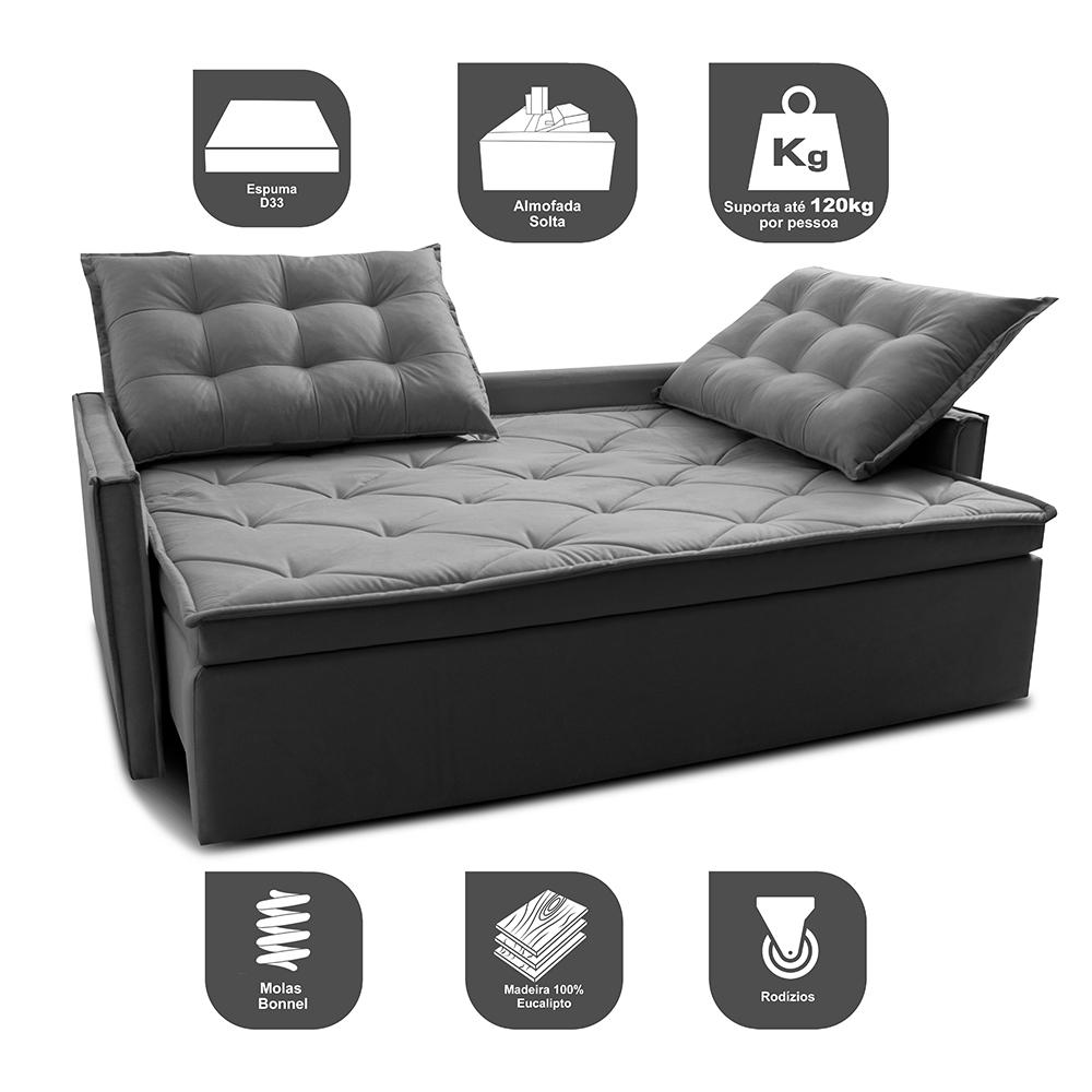 Sofá Sem Caixa Retrátil e Reclinável 1,65m Cama inBox Studio Suede Velusoft Cinza