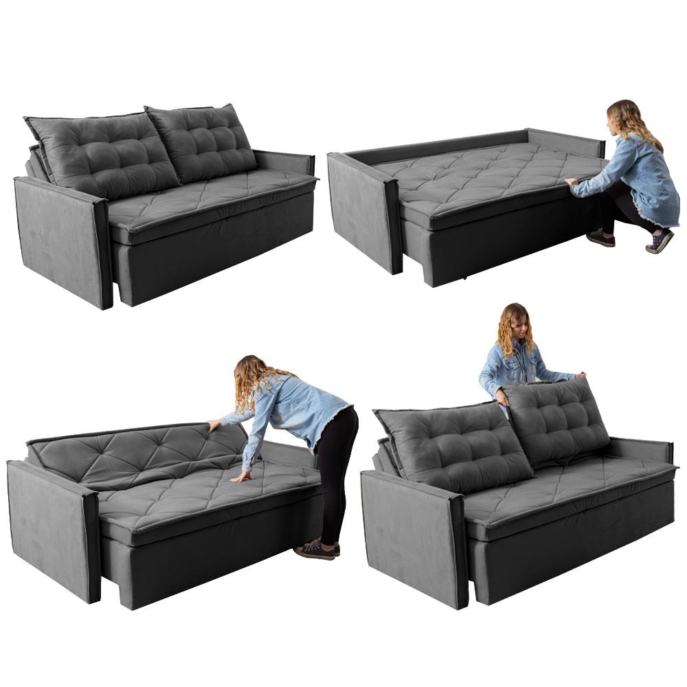 Sofá Sem Caixa Retrátil e Reclinável 1,65m Cama inBox Studio Suede Velusoft Cinza