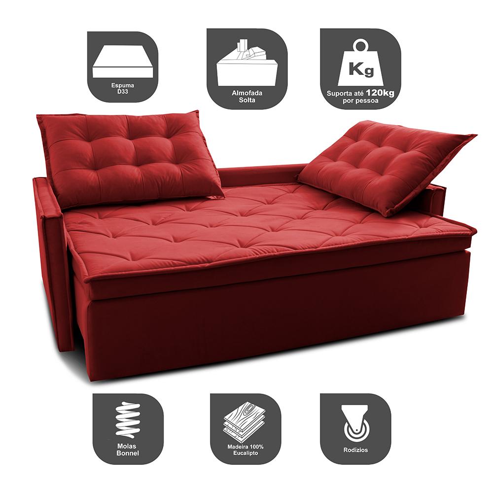 Sofá Sem Caixa Retrátil e Reclinável 1,65m Cama inBox Studio Suede Velusoft Vermelho