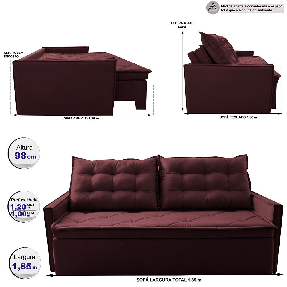 Sofá Sem Caixa Retrátil e Reclinável 1,65m Cama inBox Studio Suede Velusoft Vinho