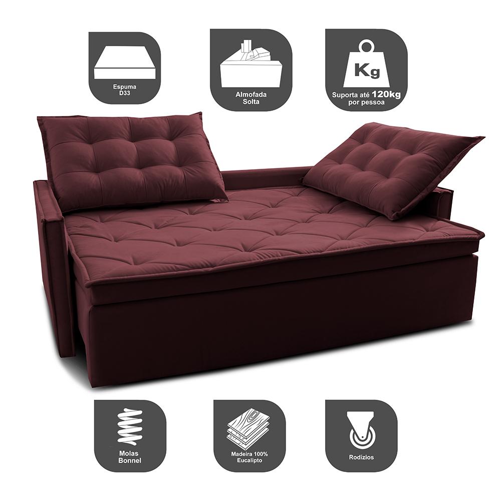Sofá Sem Caixa Retrátil e Reclinável 1,65m Cama inBox Studio Suede Velusoft Vinho