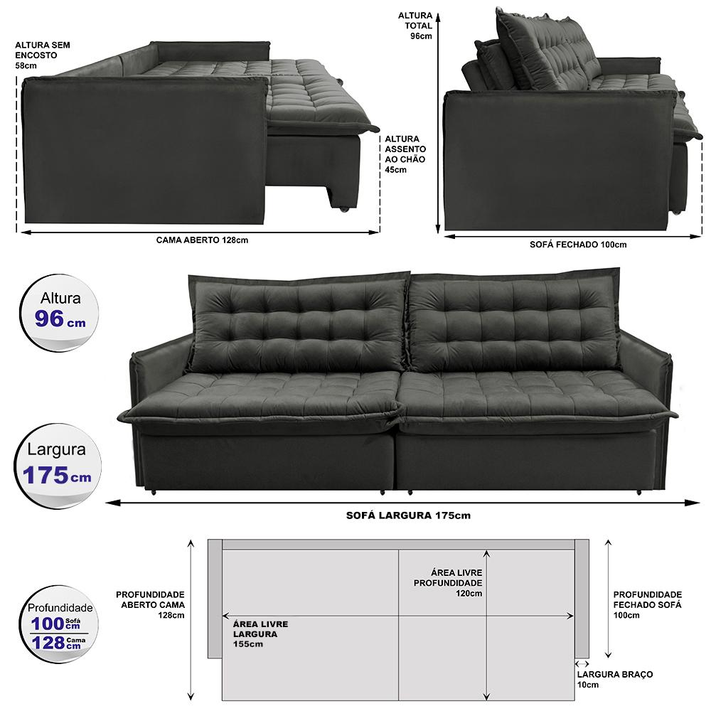 Sofá Sem Caixa Retrátil e Reclinável 1,75m Cama inBox Versátil Suede Velusoft Cinza