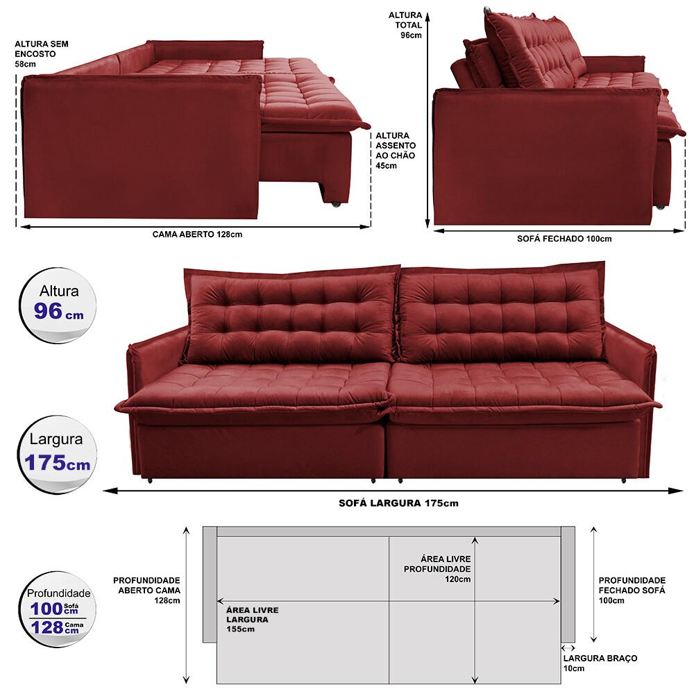 Sofá Sem Caixa Retrátil e Reclinável 1,75m Cama inBox Versátil Suede Velusoft Vermelho