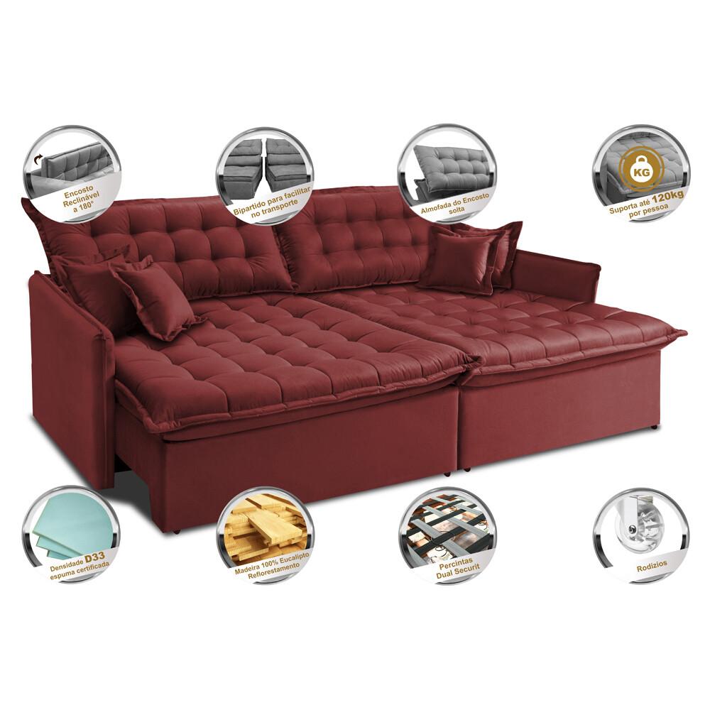 Sofá Sem Caixa Retrátil e Reclinável 1,75m Cama inBox Versátil Suede Velusoft Vermelho