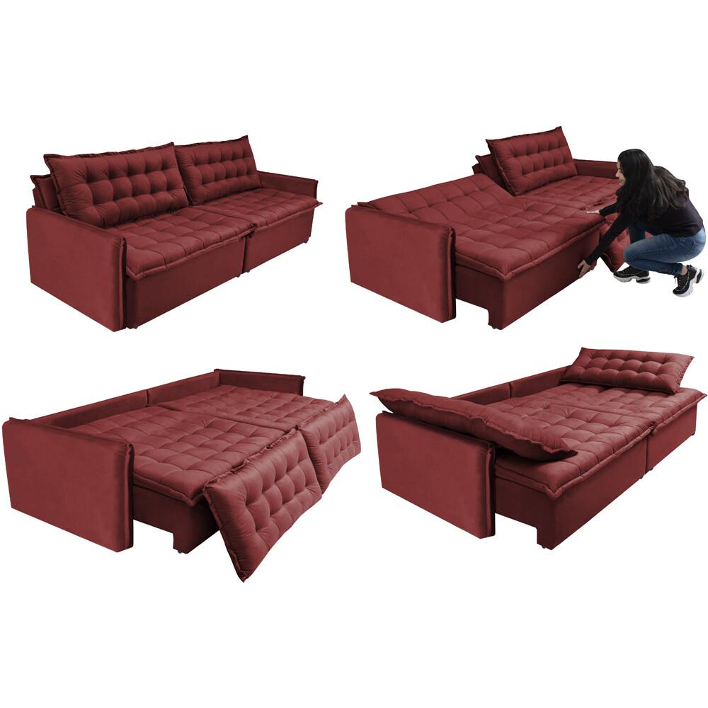 Sofá Sem Caixa Retrátil e Reclinável 1,75m Cama inBox Versátil Suede Velusoft Vermelho