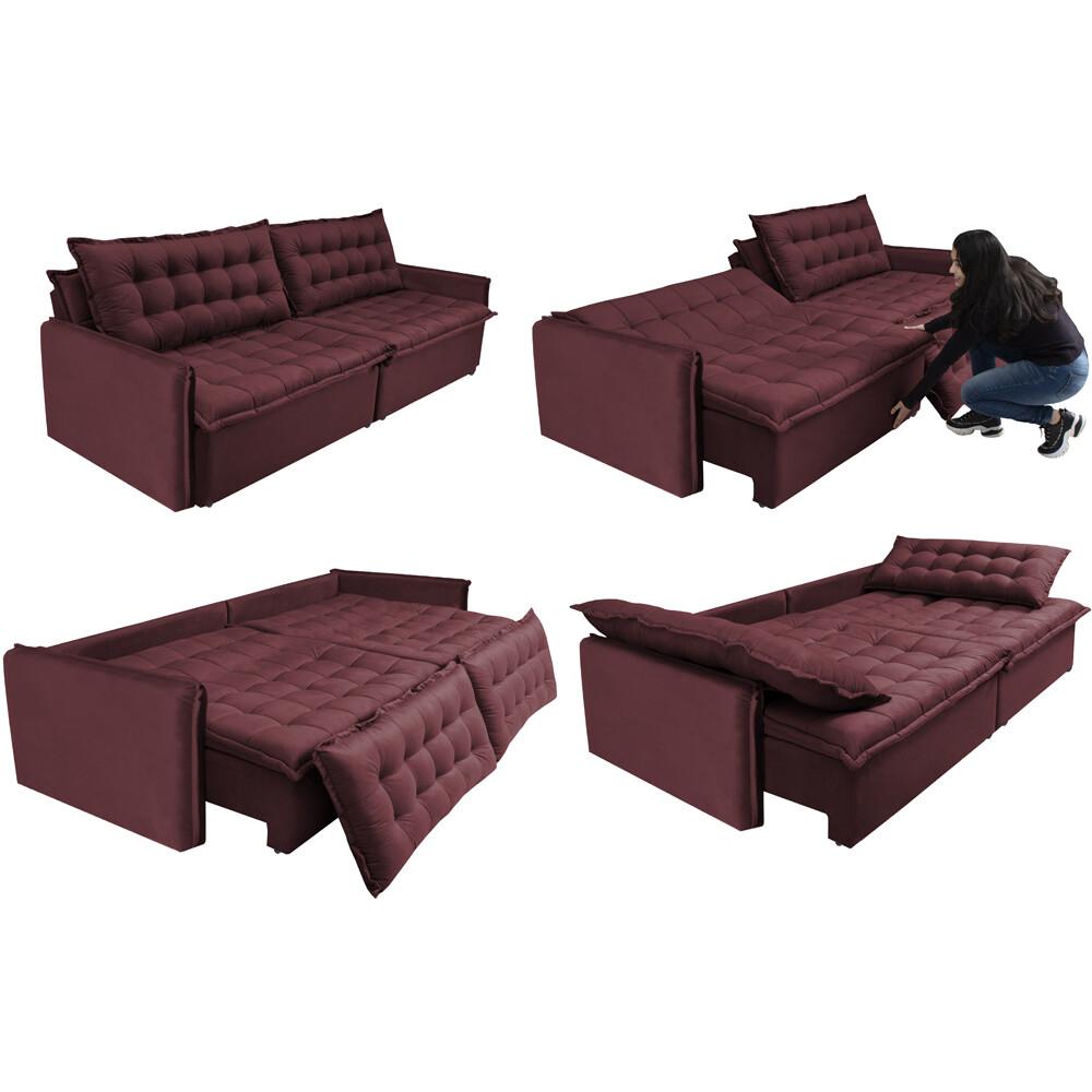 Sofá Sem Caixa Retrátil e Reclinável 1,75m Cama inBox Versátil Suede Velusoft Vinho