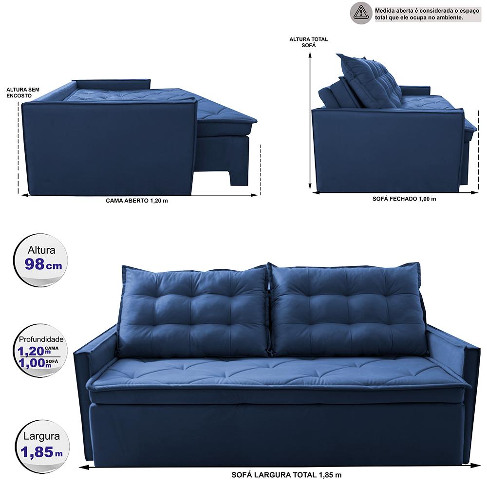 Sofá Sem Caixa Retrátil e Reclinável 1,85m Cama inBox Studio Suede Velusoft Azul