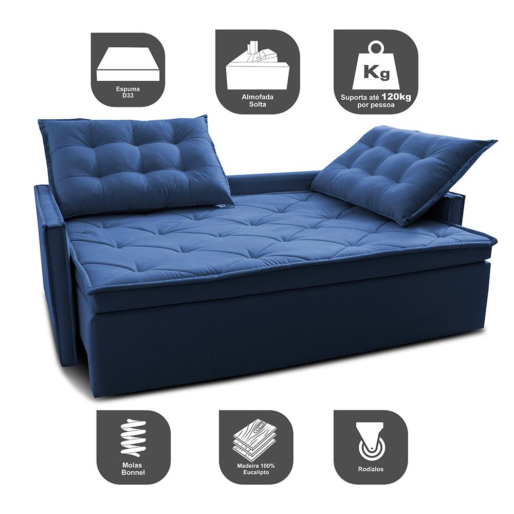 Sofá Sem Caixa Retrátil e Reclinável 1,85m Cama inBox Studio Suede Velusoft Azul
