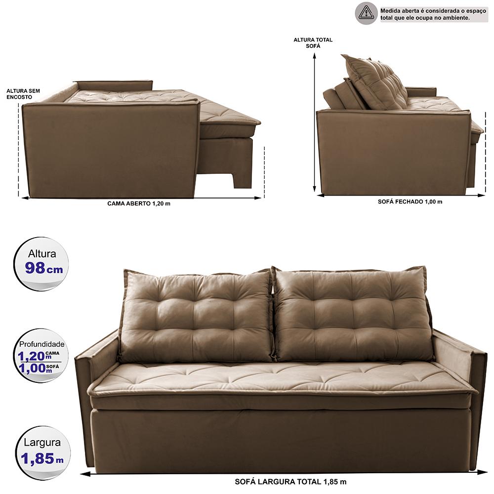 Sofá Sem Caixa Retrátil e Reclinável 1,85m Cama inBox Studio Suede Velusoft Castor