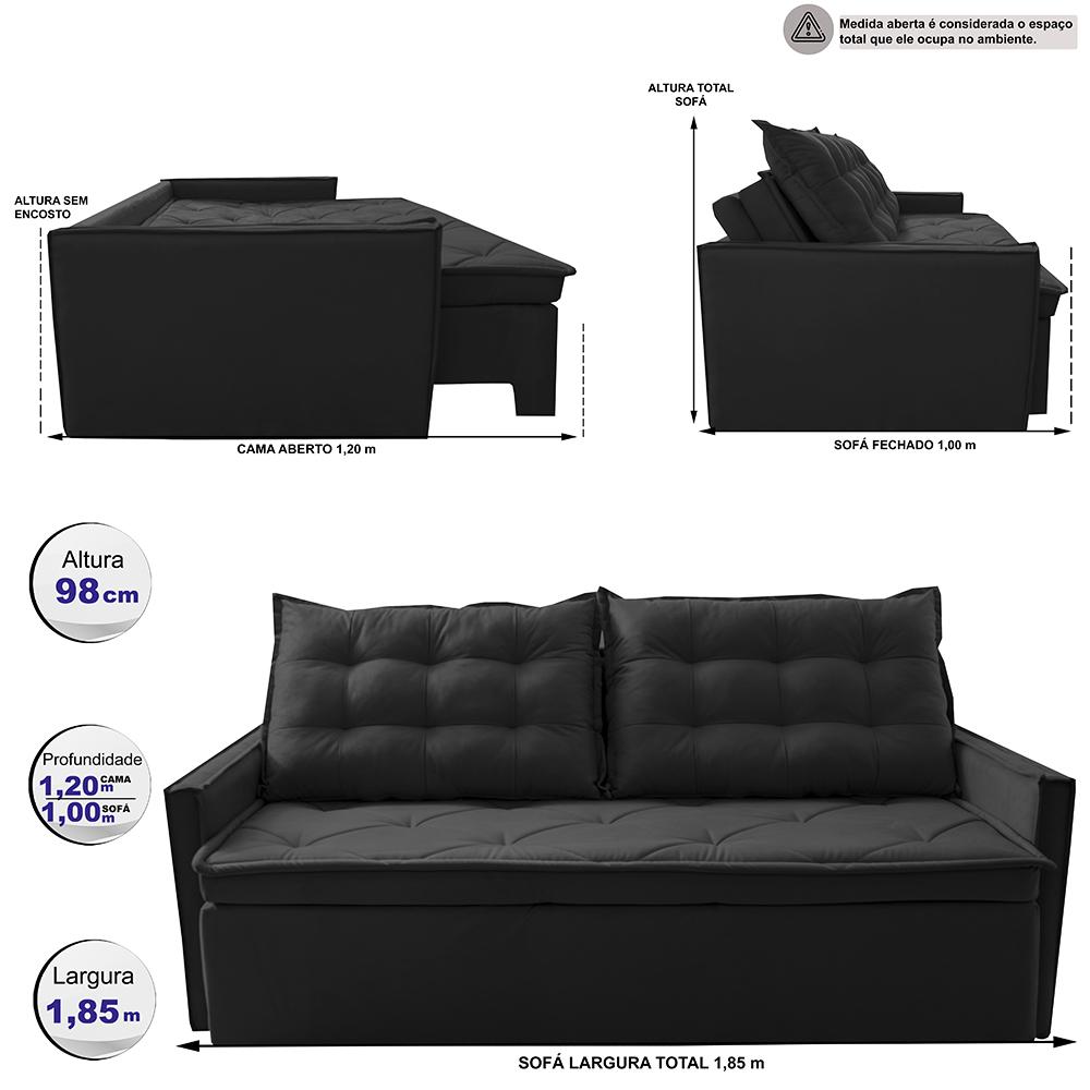 Sofá Sem Caixa Retrátil e Reclinável 1,85m Cama inBox Studio Suede Velusoft Preto