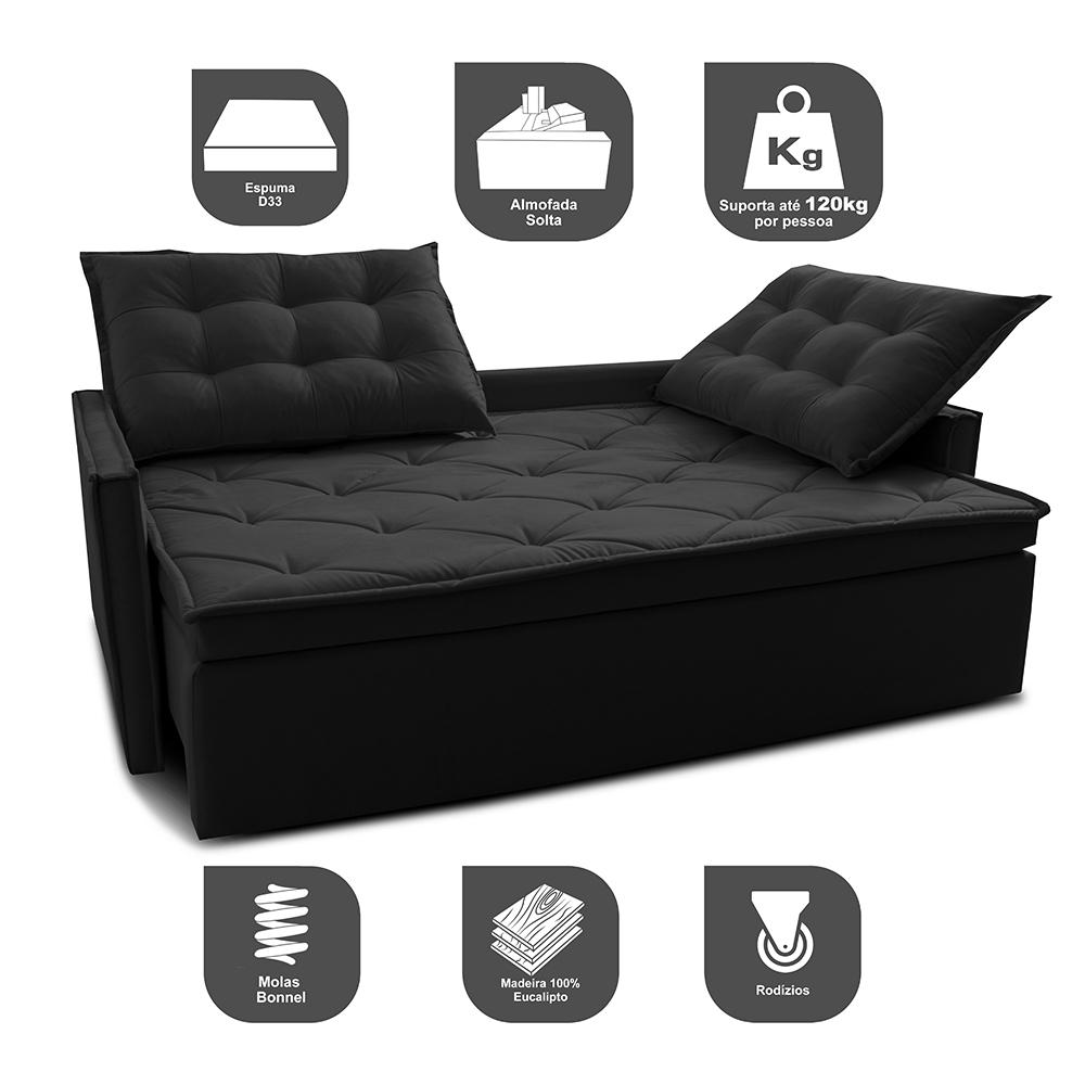 Sofá Sem Caixa Retrátil e Reclinável 1,85m Cama inBox Studio Suede Velusoft Preto
