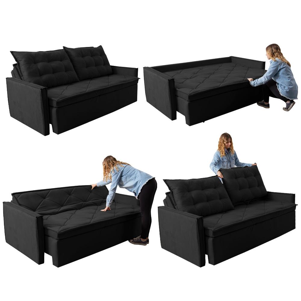Sofá Sem Caixa Retrátil e Reclinável 1,85m Cama inBox Studio Suede Velusoft Preto