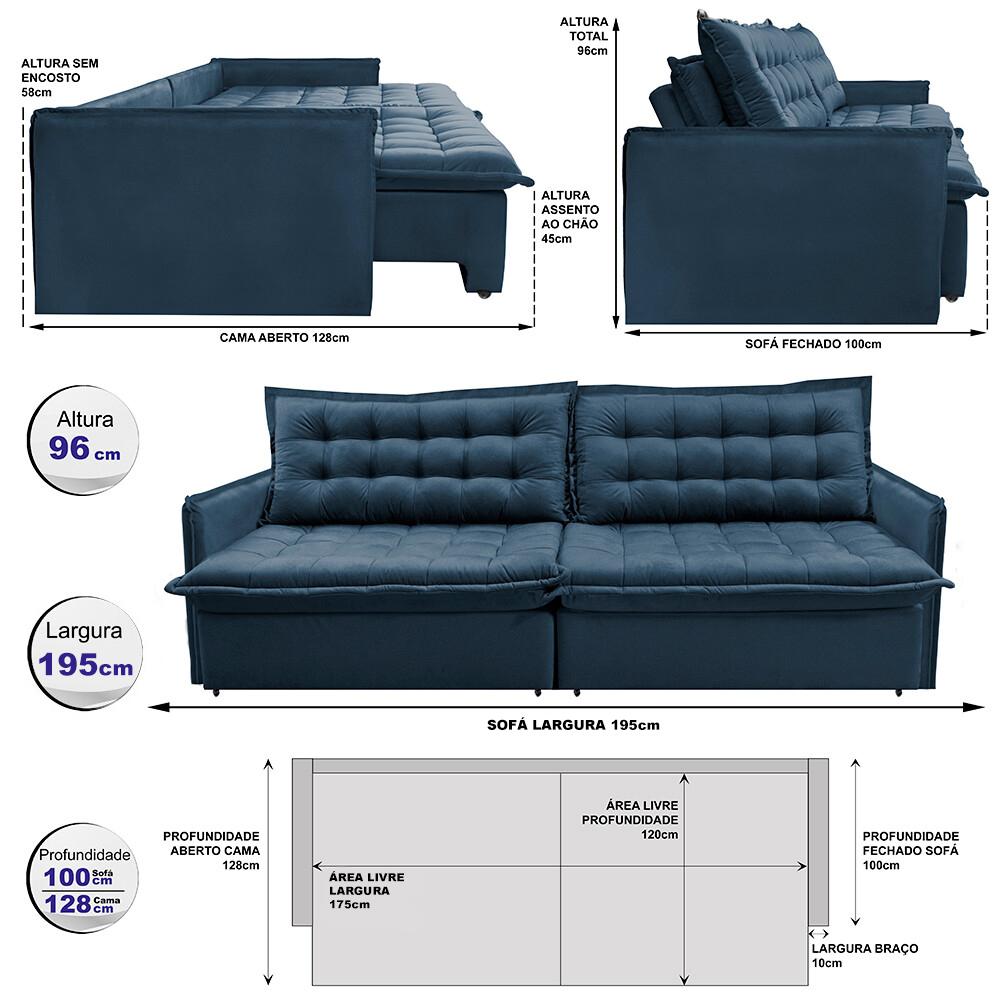 Sofá Sem Caixa Retrátil e Reclinável 1,95m Cama inBox Versátil Suede Velusoft Azul