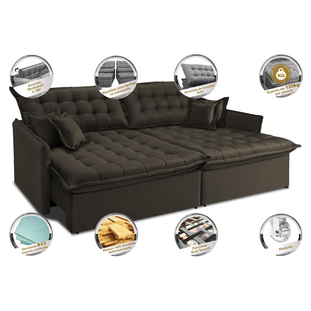 Sofá Sem Caixa Retrátil e Reclinável 1,95m Cama inBox Versátil Suede Velusoft Café