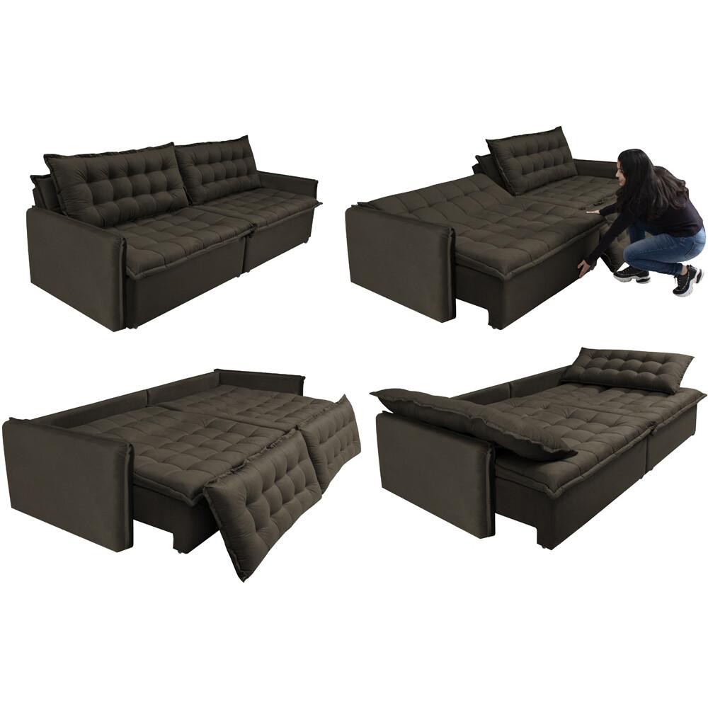 Sofá Sem Caixa Retrátil e Reclinável 1,95m Cama inBox Versátil Suede Velusoft Café