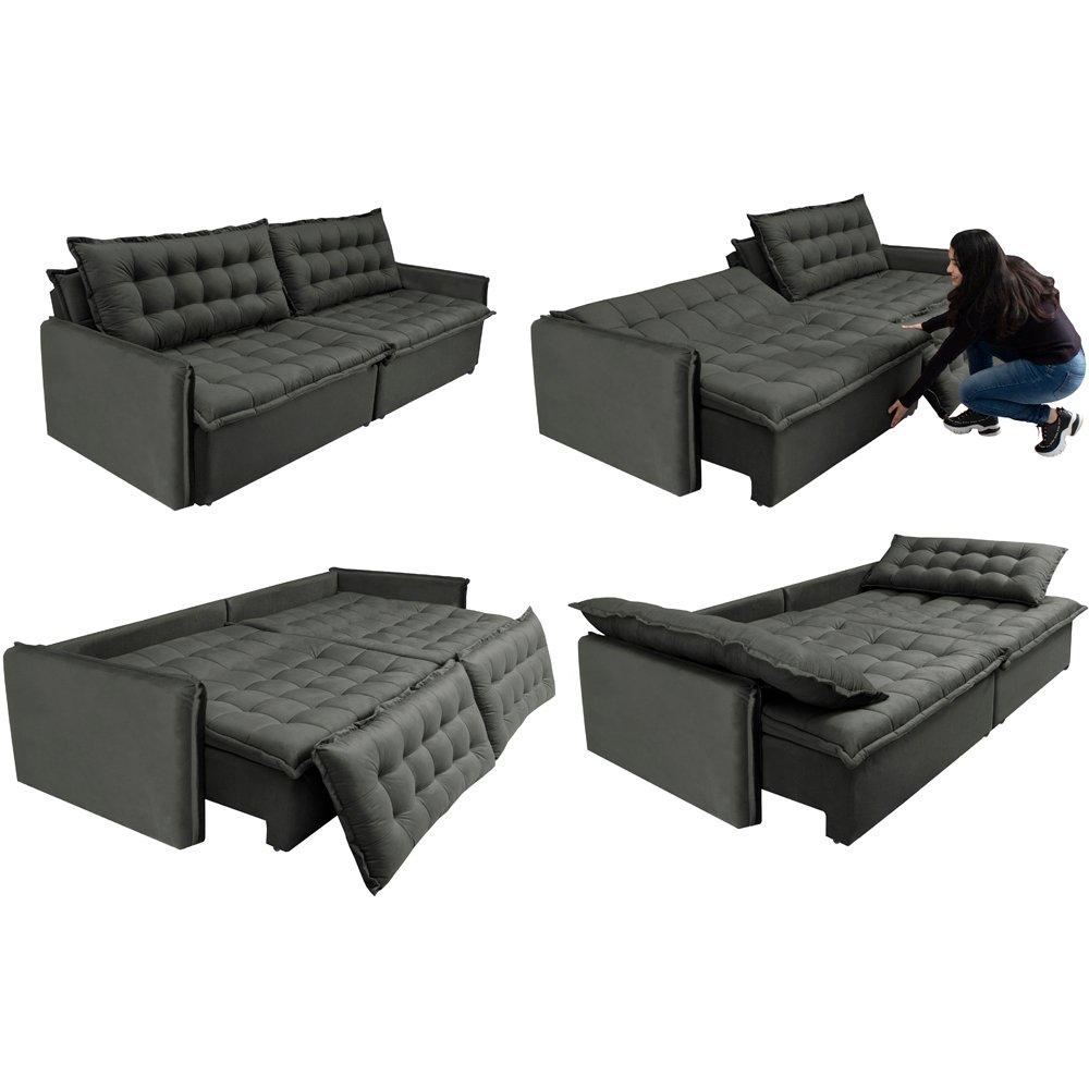 Sofá Sem Caixa Retrátil e Reclinável 1,95m Cama inBox Versátil Suede Velusoft Cinza