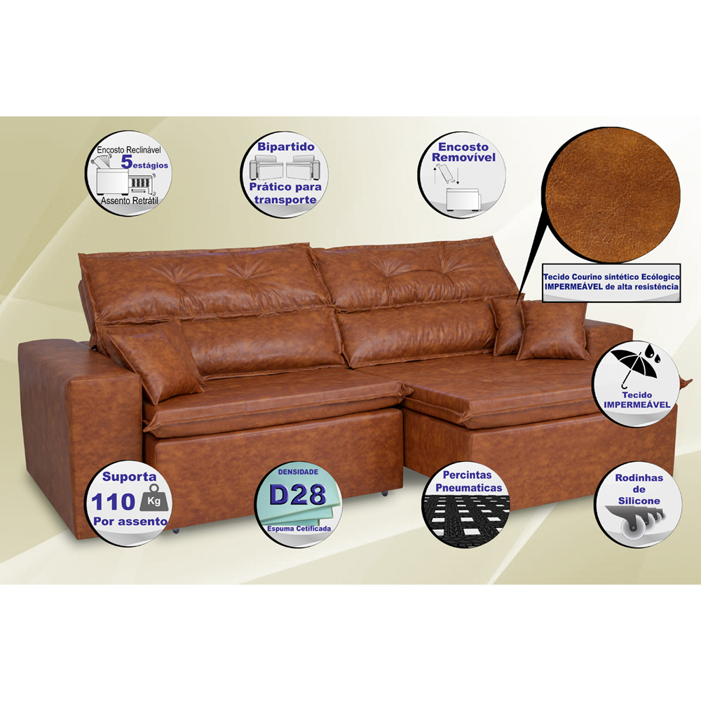 Sofá Tourino 2,02m Retrátil Reclinável, Molas e Pillow no Assento Tecido Courino Caramelo Cama InBox