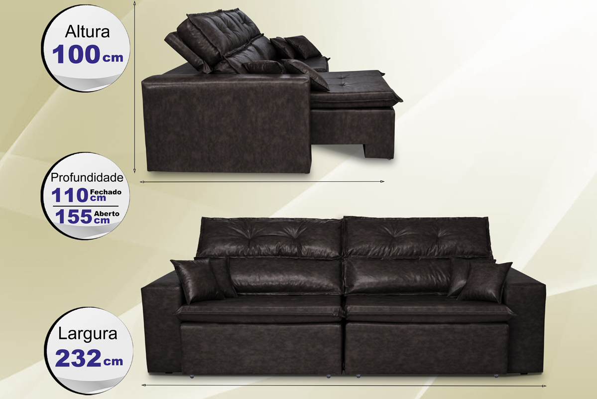 Sofá Tourino 2,32m Retrátil e Reclinável com Molas e Pillow no Assento Tecido Courino Café - Cama InBox