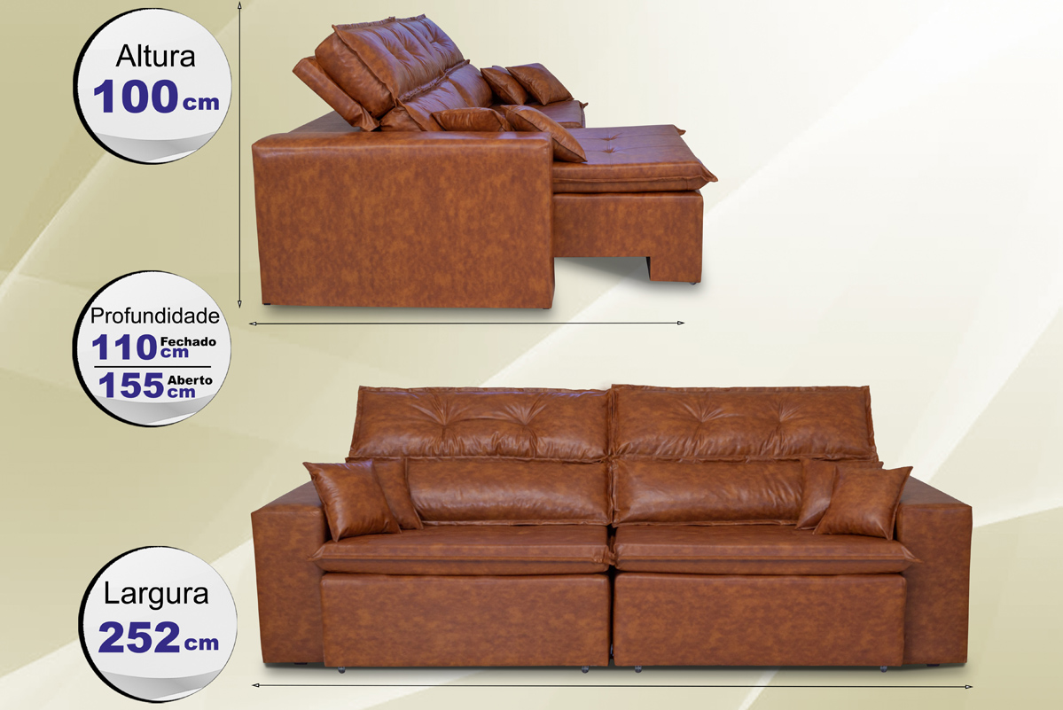 Sofá Tourino 2,52m Retrátil Reclinável, Molas e Pillow no Assento Tecido Courino Caramelo Cama InBox