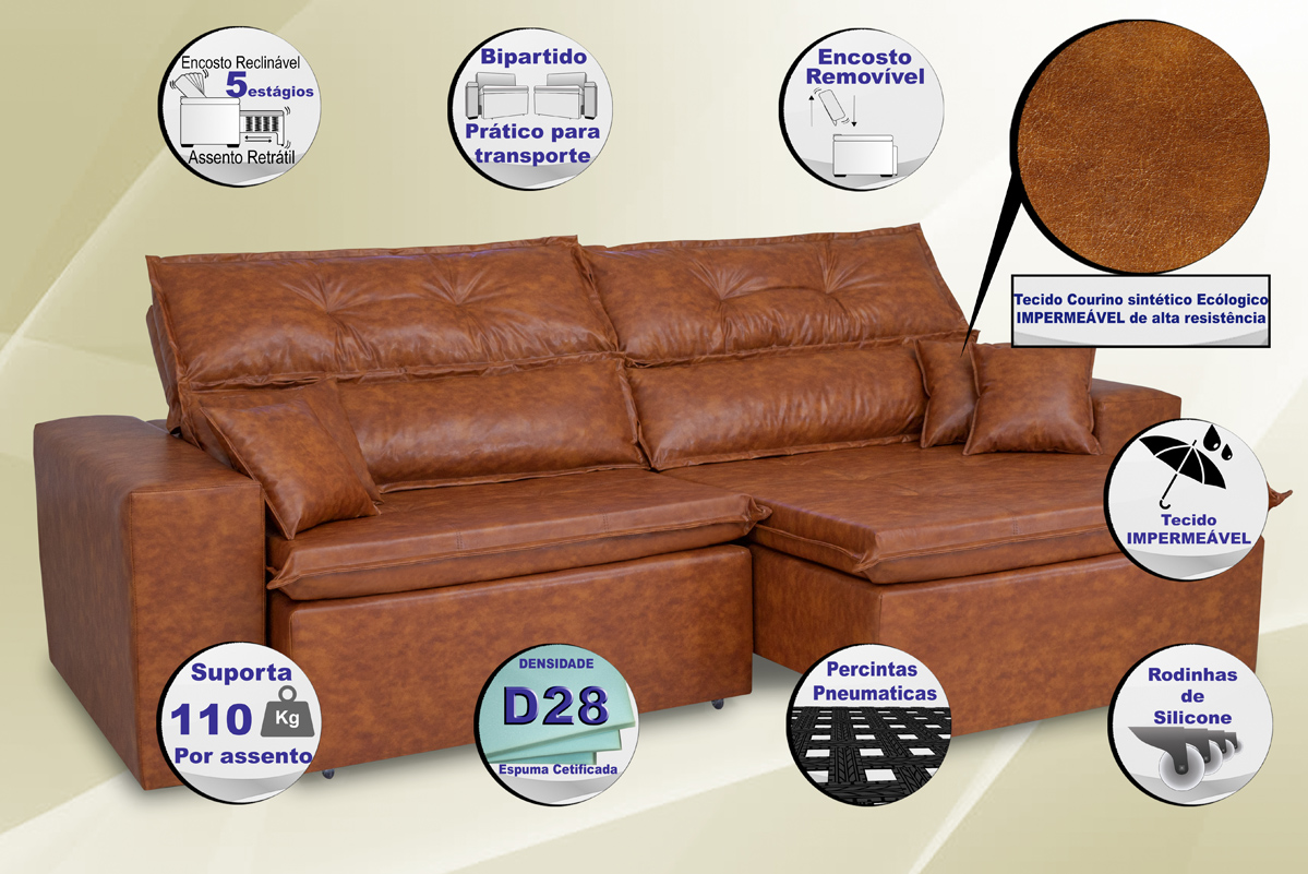 Sofá Tourino 2,52m Retrátil Reclinável, Molas e Pillow no Assento Tecido Courino Caramelo Cama InBox