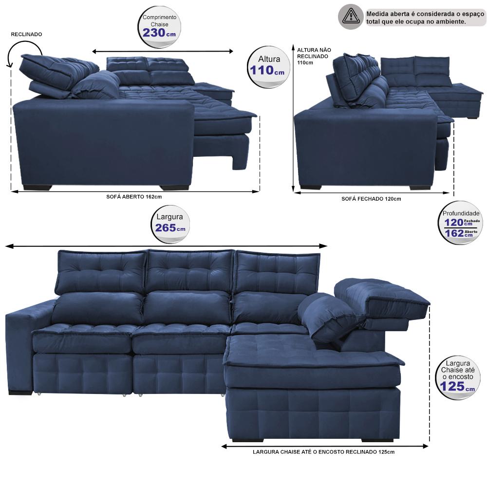 Sofá de Canto Direito 2,65x2,30m Retrátil e Reclinável com Molas Ensacadas Cama inBox Nobre Azul