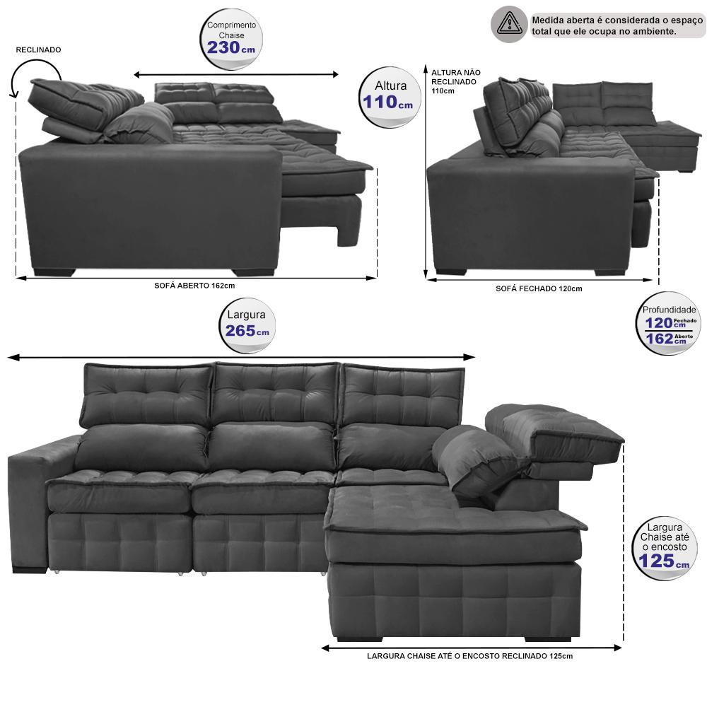 Sofá de Canto Direito 2,65x2,30m Retrátil e Reclinável com Molas Ensacadas Cama inBox Nobre Cinza