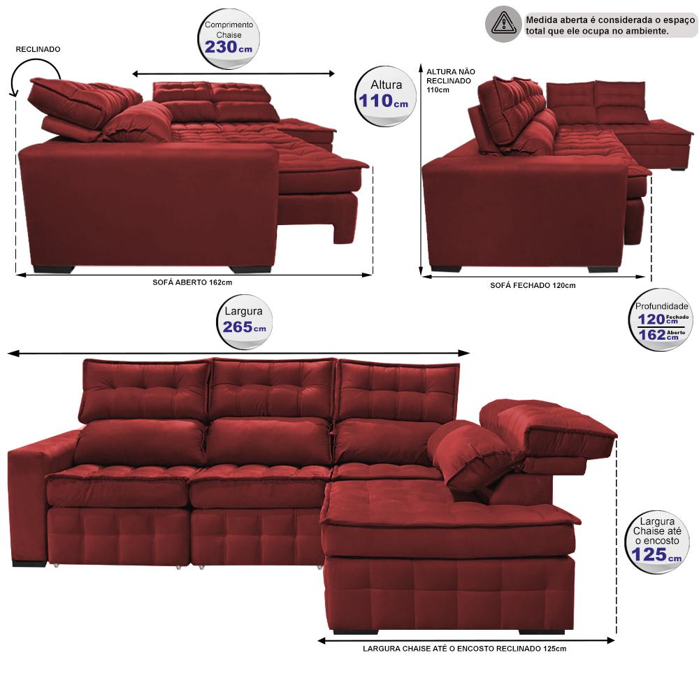 Sofá de Canto Direito 2,65x2,30m Retrátil e Reclinável com Molas Ensacadas Cama inBox Nobre Vermelho