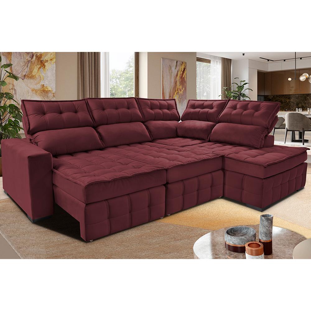 Sofá de Canto Direito 2,65x2,30m Retrátil e Reclinável com Molas Ensacadas Cama inBox Nobre Vinho