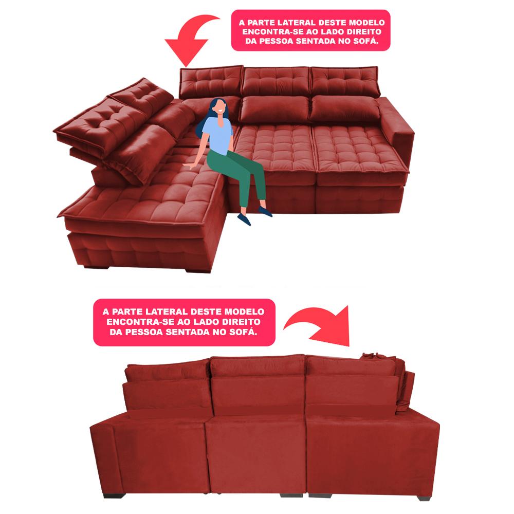 Sofá de Canto Esquerdo 2,65x2,30m Retrátil e Reclinável com Molas Ensacada Cama inBox Nobre Vermelho