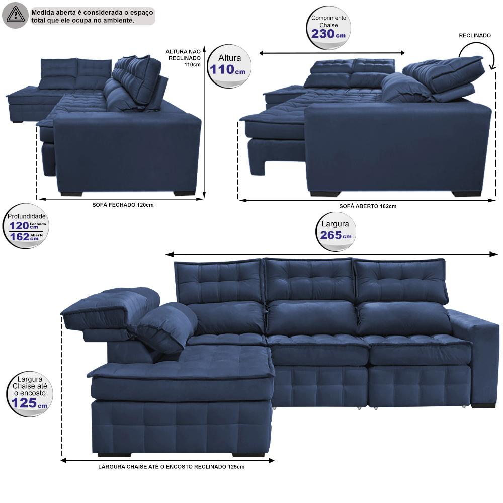 Sofá de Canto Esquerdo 2,65x2,30m Retrátil e Reclinável com Molas Ensacadas Cama inBox Nobre Azul