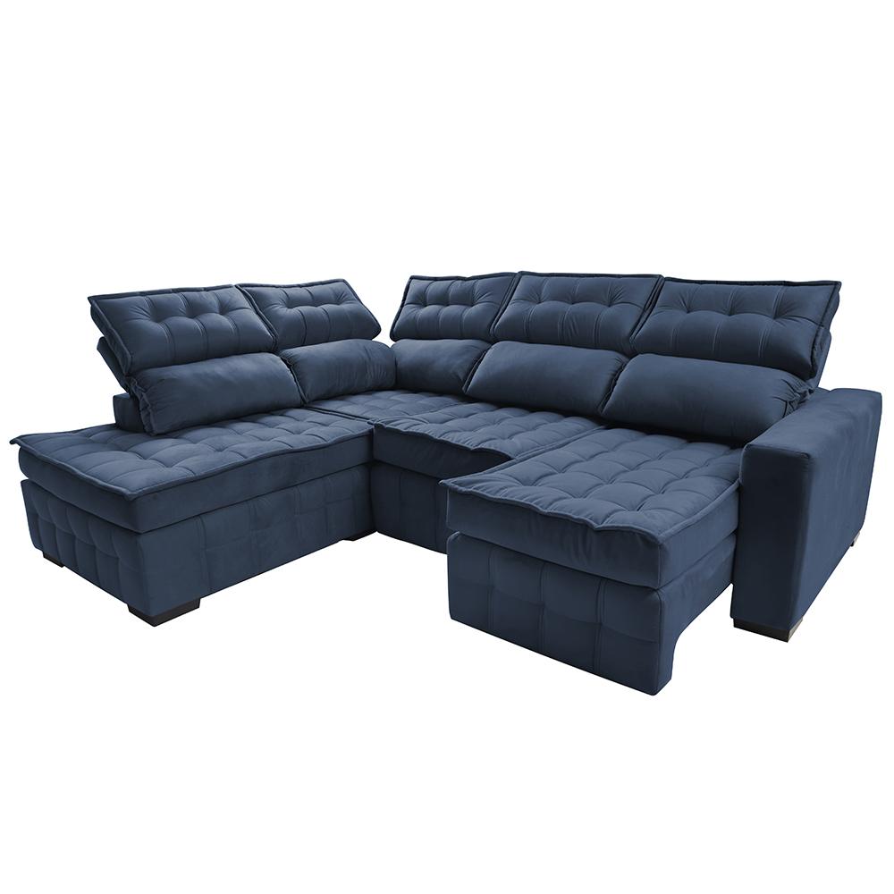 Sofá de Canto Esquerdo 2,65x2,30m Retrátil e Reclinável com Molas Ensacadas Cama inBox Nobre Azul