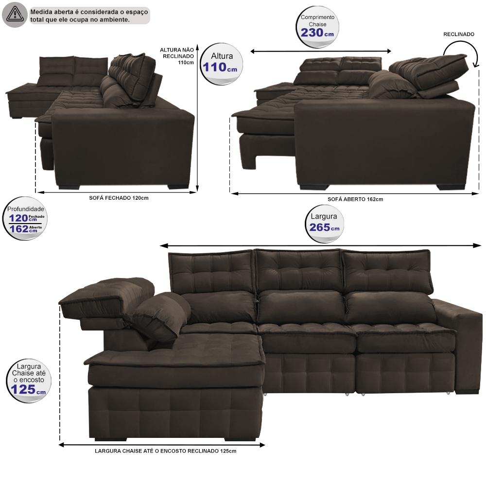 Sofá de Canto Esquerdo 2,65x2,30m Retrátil e Reclinável com Molas Ensacadas Cama inBox Nobre Café