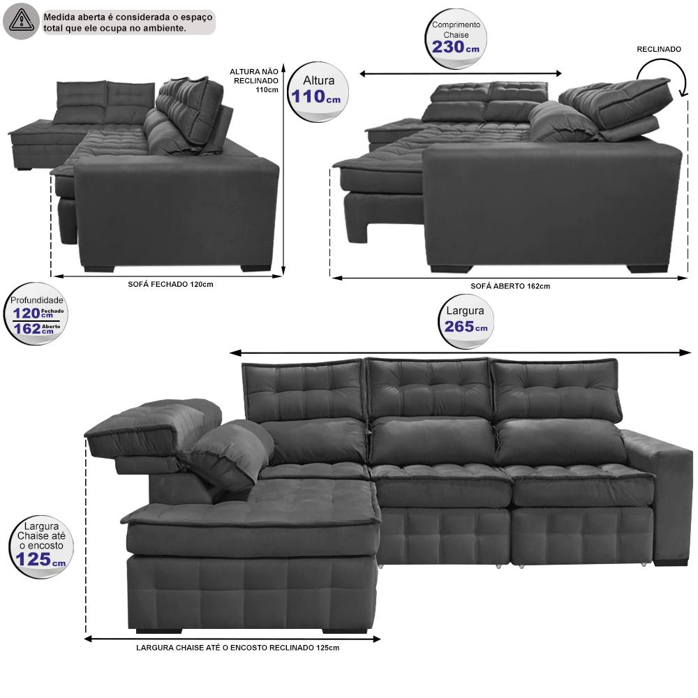 Sofá de Canto Esquerdo 2,65x2,30m Retrátil e Reclinável com Molas Ensacadas Cama inBox Nobre Cinza