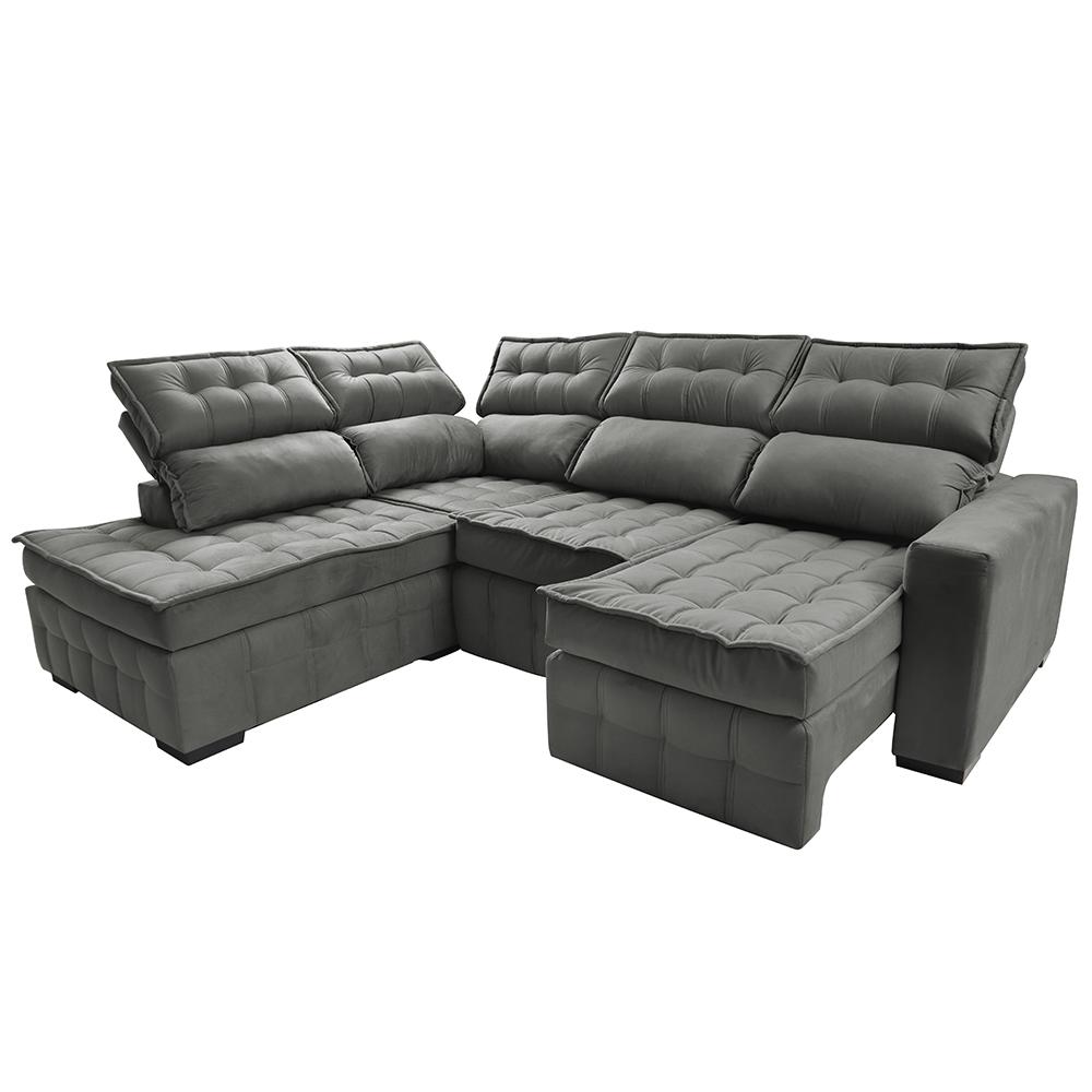 Sofá de Canto Esquerdo 2,65x2,30m Retrátil e Reclinável com Molas Ensacadas Cama inBox Nobre Cinza