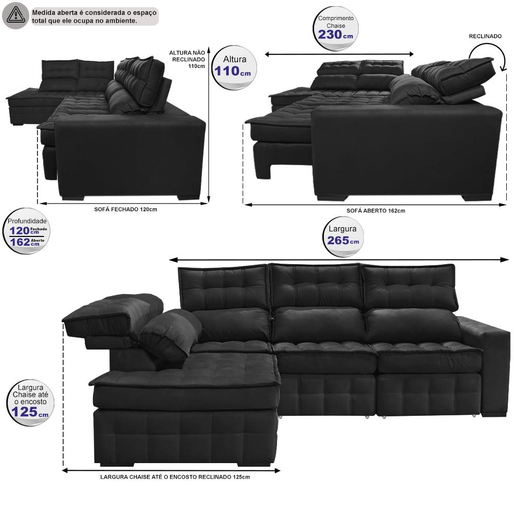 Sofá de Canto Esquerdo 2,65x2,30m Retrátil e Reclinável com Molas Ensacadas Cama inBox Nobre Preto