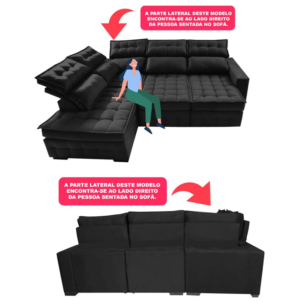 Sofá de Canto Esquerdo 2,65x2,30m Retrátil e Reclinável com Molas Ensacadas Cama inBox Nobre Preto