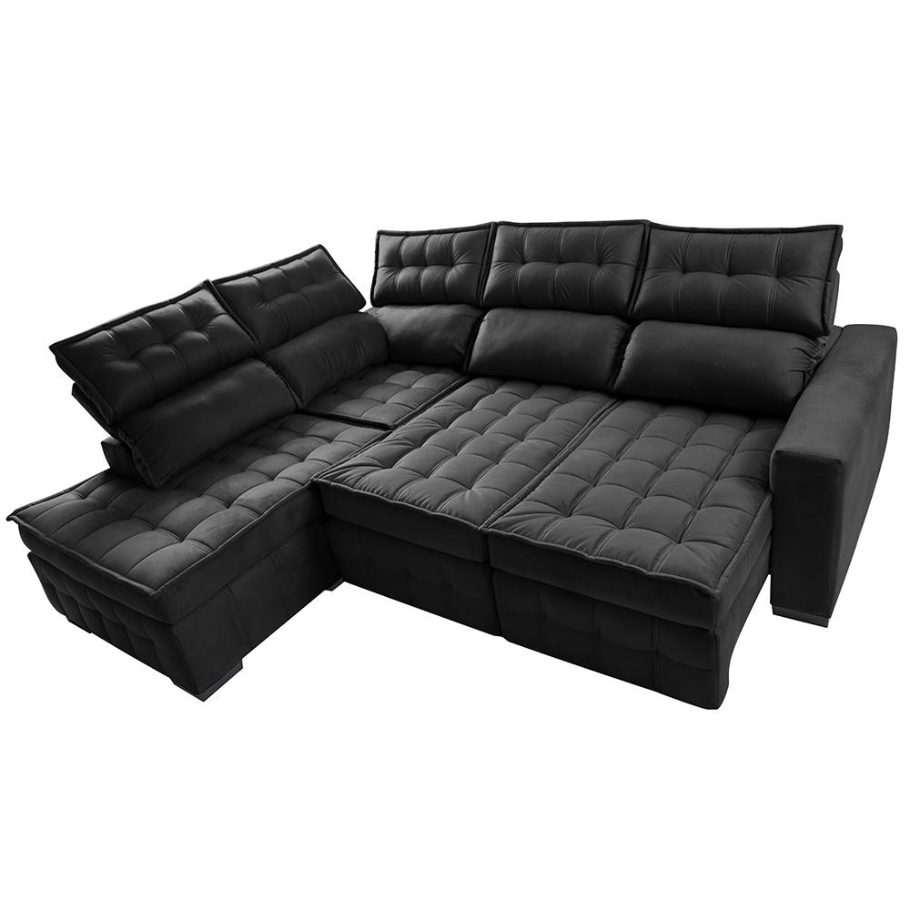 Sofá de Canto Esquerdo 2,65x2,30m Retrátil e Reclinável com Molas Ensacadas Cama inBox Nobre Preto
