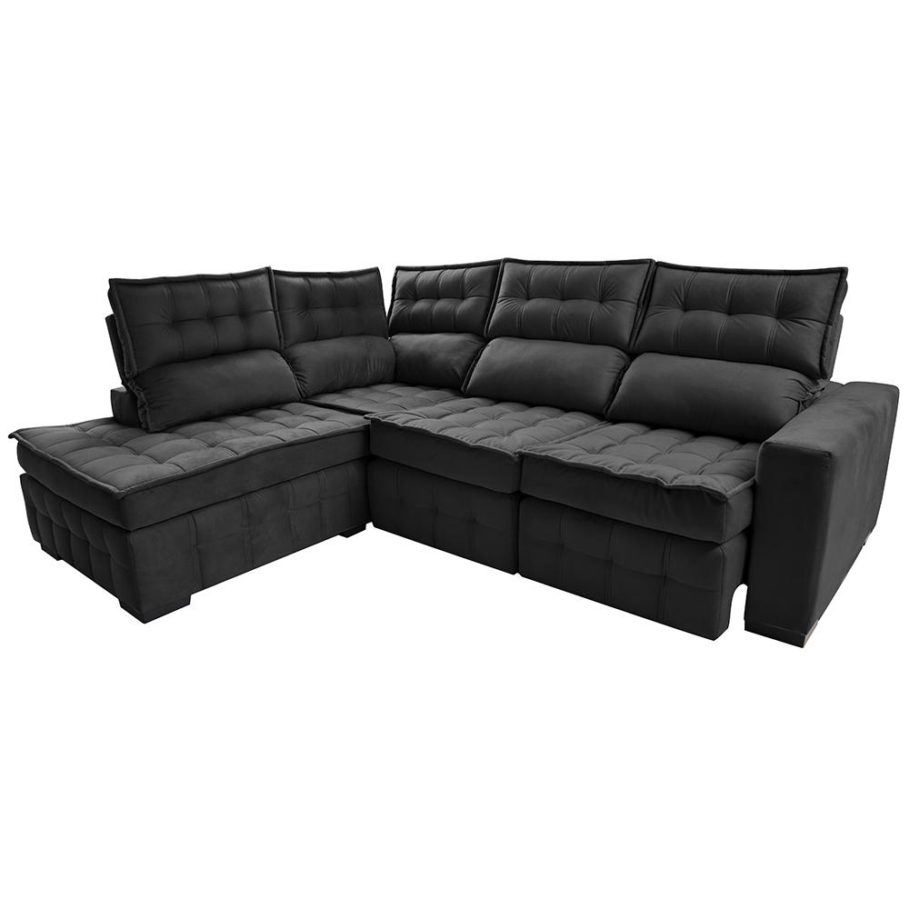 Sofá de Canto Esquerdo 2,65x2,30m Retrátil e Reclinável com Molas Ensacadas Cama inBox Nobre Preto