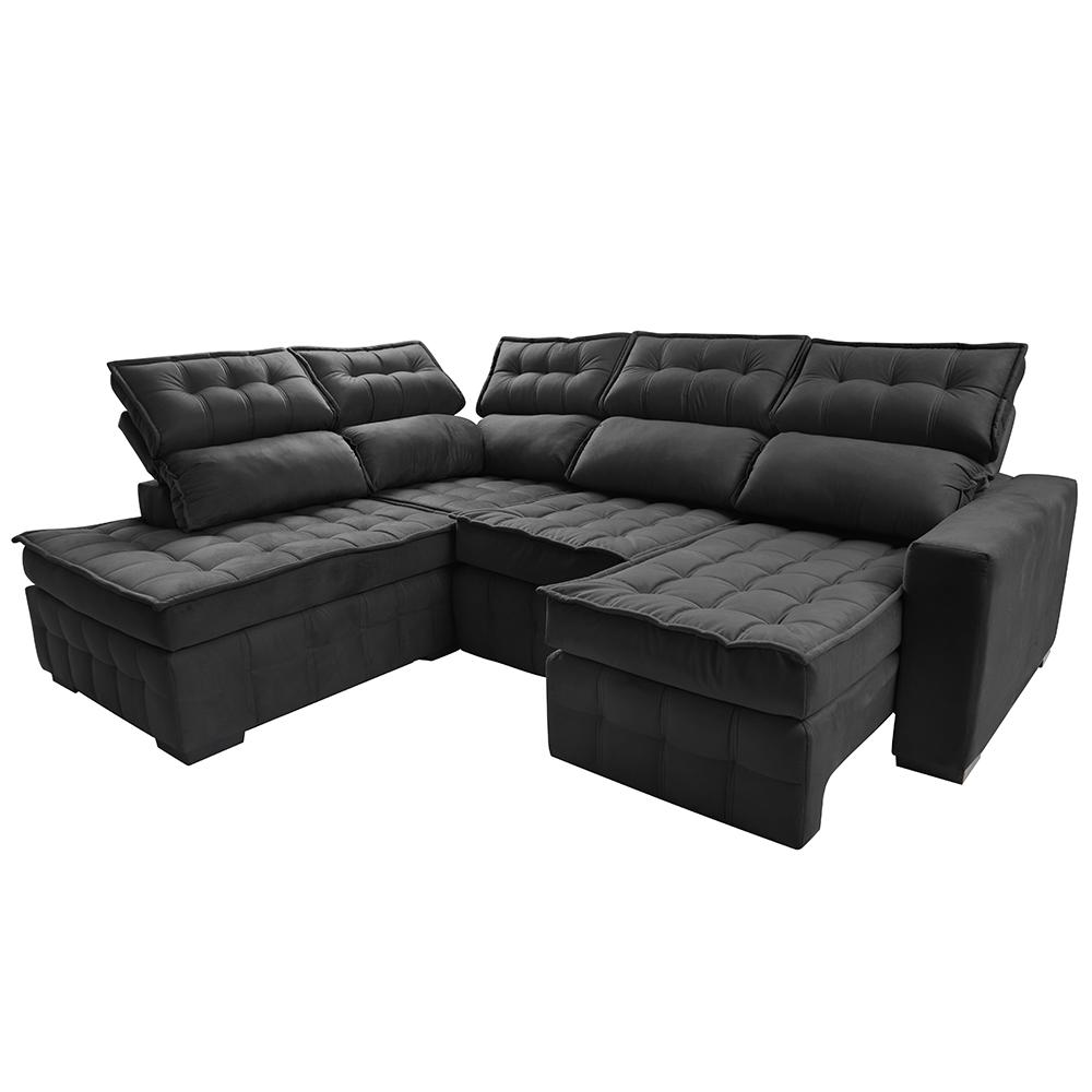 Sofá de Canto Esquerdo 2,65x2,30m Retrátil e Reclinável com Molas Ensacadas Cama inBox Nobre Preto