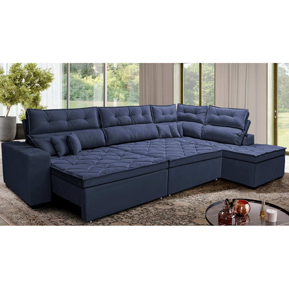Sofá de Canto Retrátil e Reclinável Direito 3,00x2,36m Molas Cama inBox Espanha Velusoft Azul