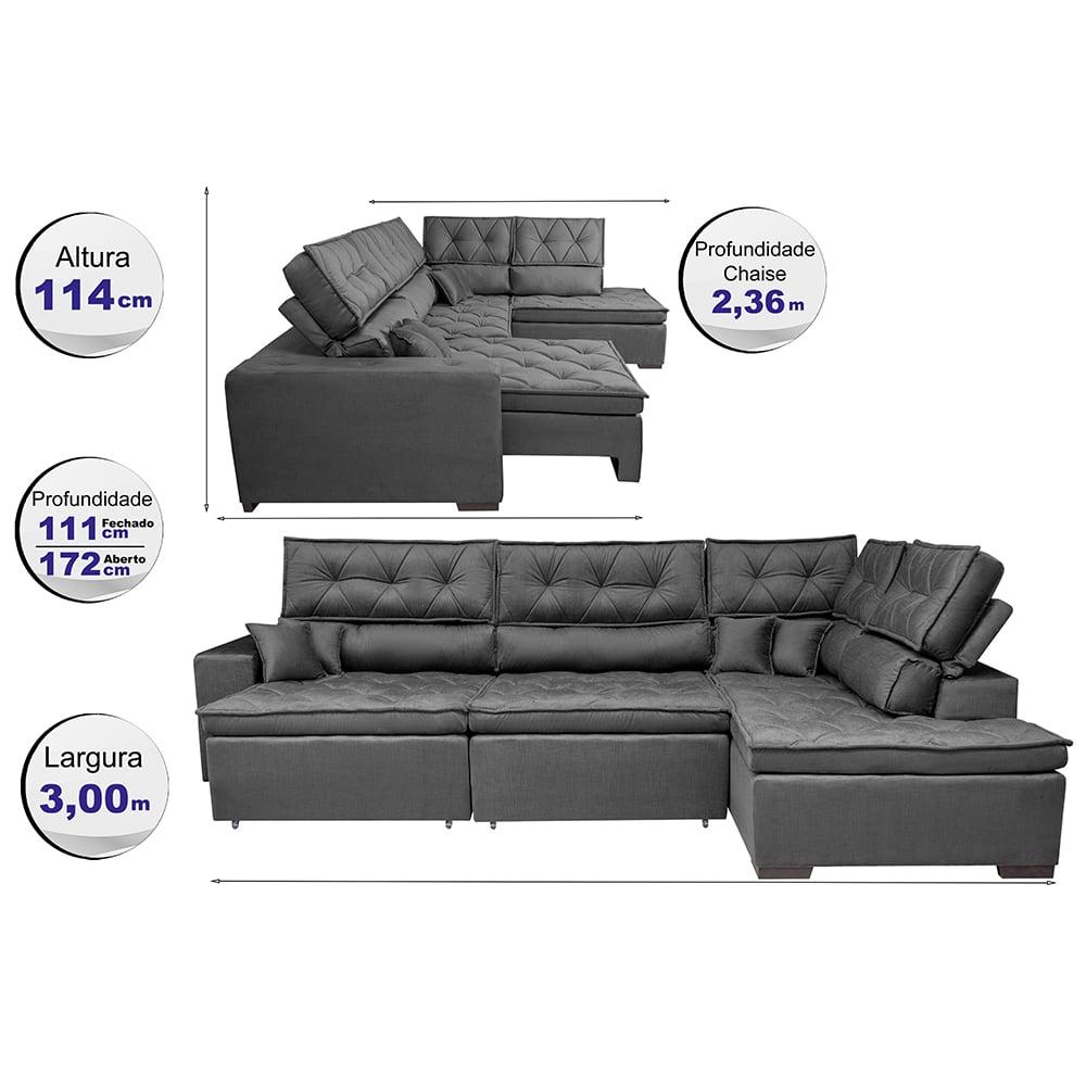 Sofá de Canto Retrátil e Reclinável Direito 3,00x2,36m Molas Cama inBox Espanha Velusoft Cinza