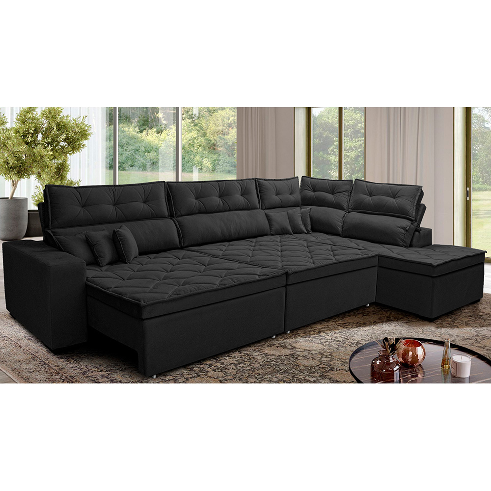 Sofá de Canto Retrátil e Reclinável Direito 3,00x2,36m Molas Cama inBox Espanha Velusoft Preto